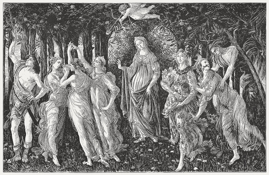 The Primavera, painted by Sandro Botticelli, wood engraving, published 1884 Drawing by Zu_09