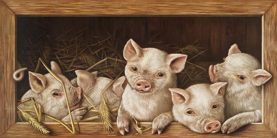 The Prize Piggies Christmas and New Year card ca 1865-1899 by L Prang  Co Painting by Les Classics