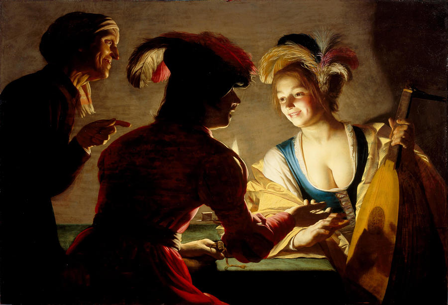 The Procuress. Oil on canvas, dated 1625. Painting by Gerard Van Honthorst