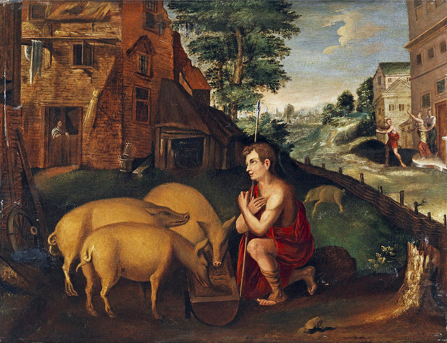 The prodigal son as swineherd Painting by Flemish School