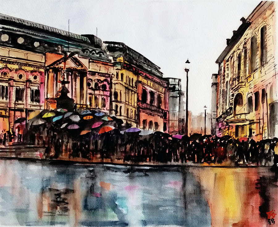 The Protest Under Raining in Piccadilly Circus  London  UK Painting by Francisco Gutierrez