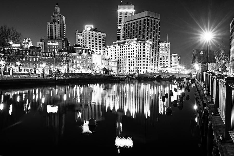 The Providence Rhode Island Skyline fully reflected in the Providence River Black and White Photograph by Toby McGuire