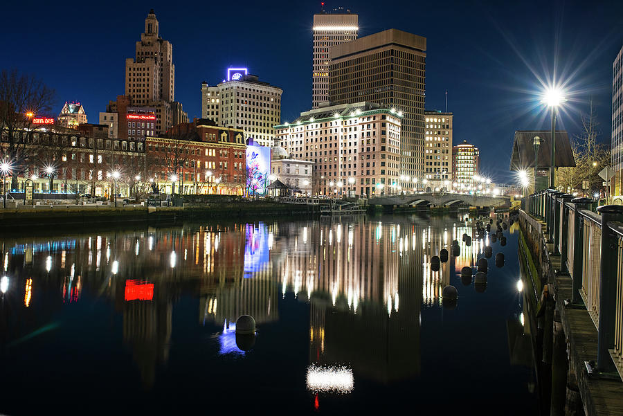 The Providence Rhode Island Skyline fully reflected in the Providence River Photograph by Toby McGuire
