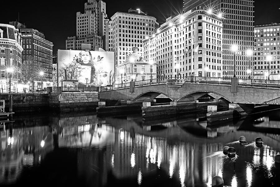 The Providence Rhode Island Skyline reflected in the Providence River Black and White Photograph by Toby McGuire