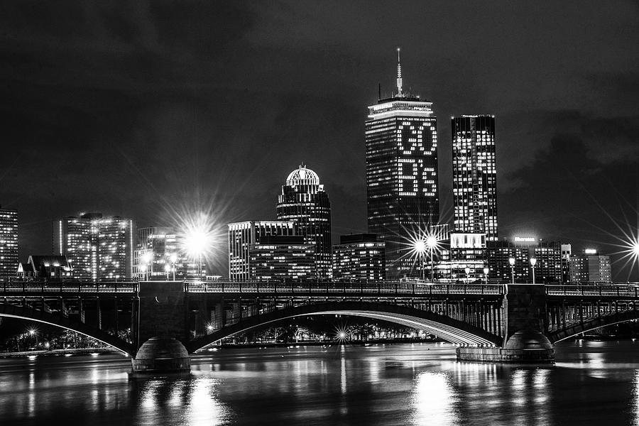 The Pru lit up for the Boston Bruins Boston MA Charles River Longfellow Bridge Black and White Photograph by Toby McGuire