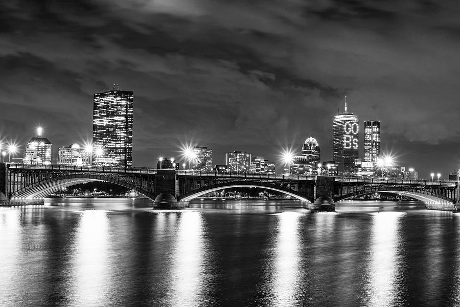 The Pru lit up for the Boston Bruins Boston MA Charles River Longfellow Bridge Skyline BW Photograph by Toby McGuire