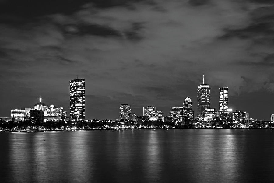 The Pru lit up for the Boston Bruins Boston MA Charles River Skyline Black and White Photograph by Toby McGuire