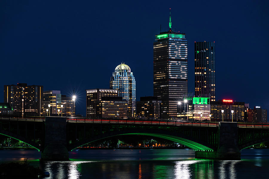 The Pru lit up for the Boston Celtics Go Cs. Through the Longfellow Bridge Photograph by Toby McGuire