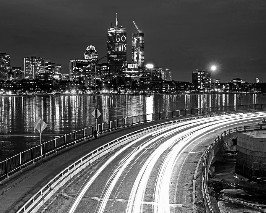 The Pru Lit Up for the New England Patriots Black and White Photograph by Toby McGuire