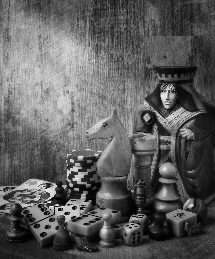 The Queen And Knight With Game Pieces In Black And White Photograph by Garry Gay