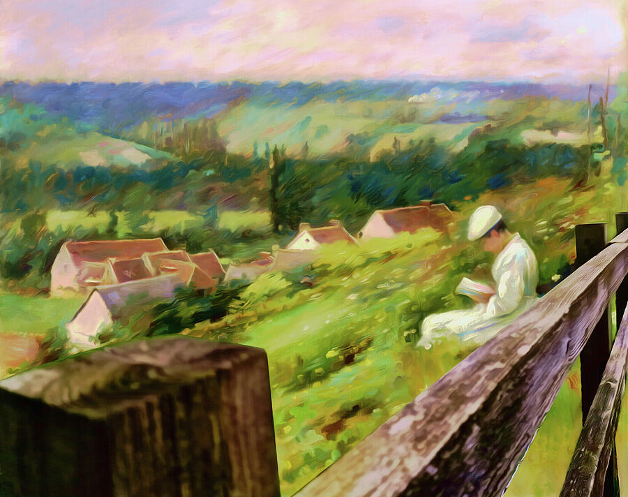 The Quiet Place Landscape with Woman Reading by a Fence  Digital Art by Shelli Fitzpatrick