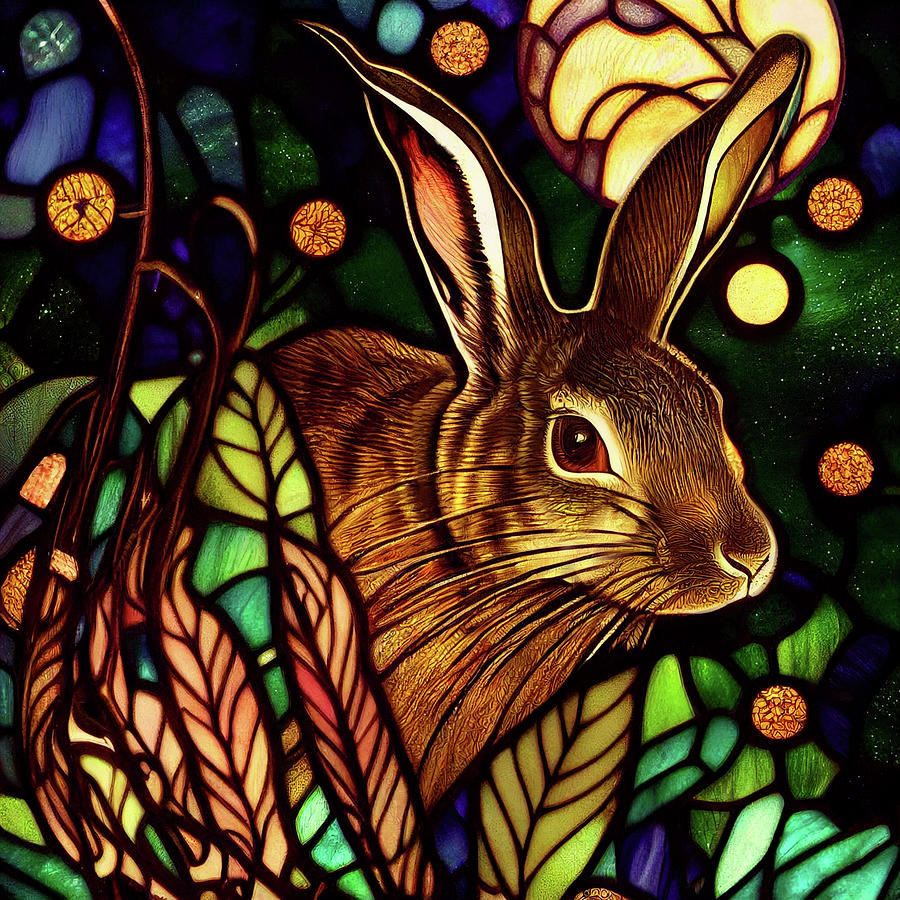 The Rabbit and the Moon - Stained Glass Digital Art by Peggy Collins