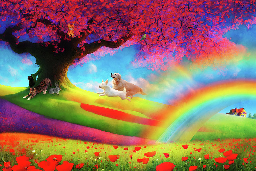 The Rainbow Bridge - Cats, Dogs, Bunny and Bird Digital Art by Peggy Collins