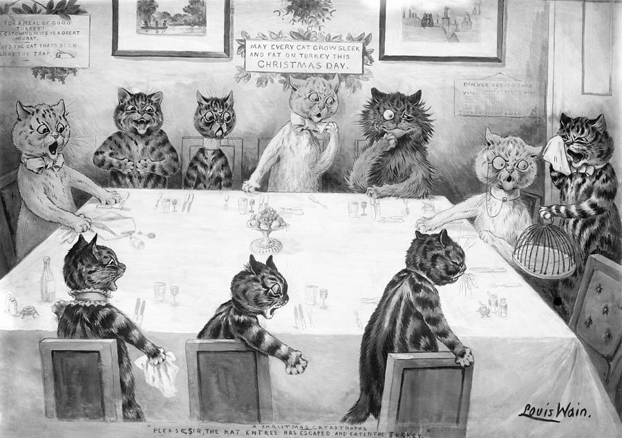 The Rat Entree Has Escaped And Eaten The Turkey - A Christmas Catastrophe - Louis Wain Painting by War Is Hell Store