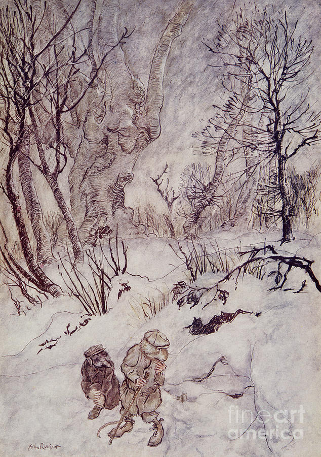 The Rat pondered awhile, and examined the humps and slopes that surrounded them Painting by Arthur Rackham