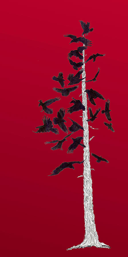 The Raven Tree on Red Digital Art by Jenny Armitage