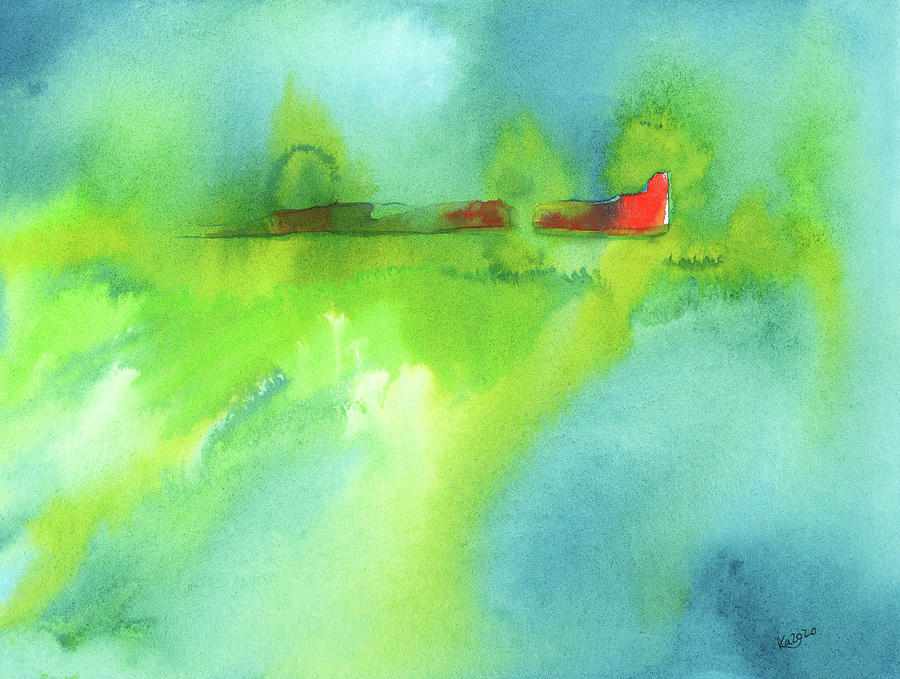 The red barn abstract landscape watercolor painting Painting by Karen Kaspar