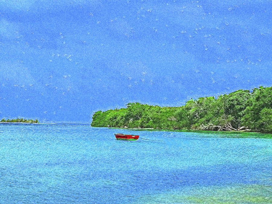 The Red Boat at LEsterre Bay Impressionism Digital Art by Island Hoppers Art