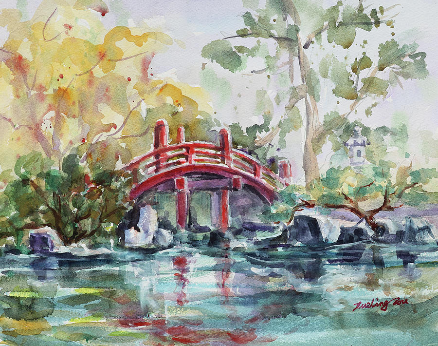 The Red Bridge at Japanese Friendship Garden San Jose California Painting by Xueling Zou