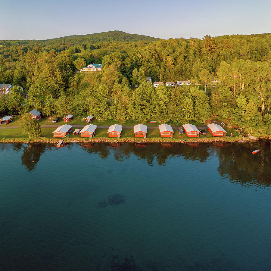 The Red Cabins On Lake Willoughby Square - Westmore, VT - June 2023 Photograph by John Rowe