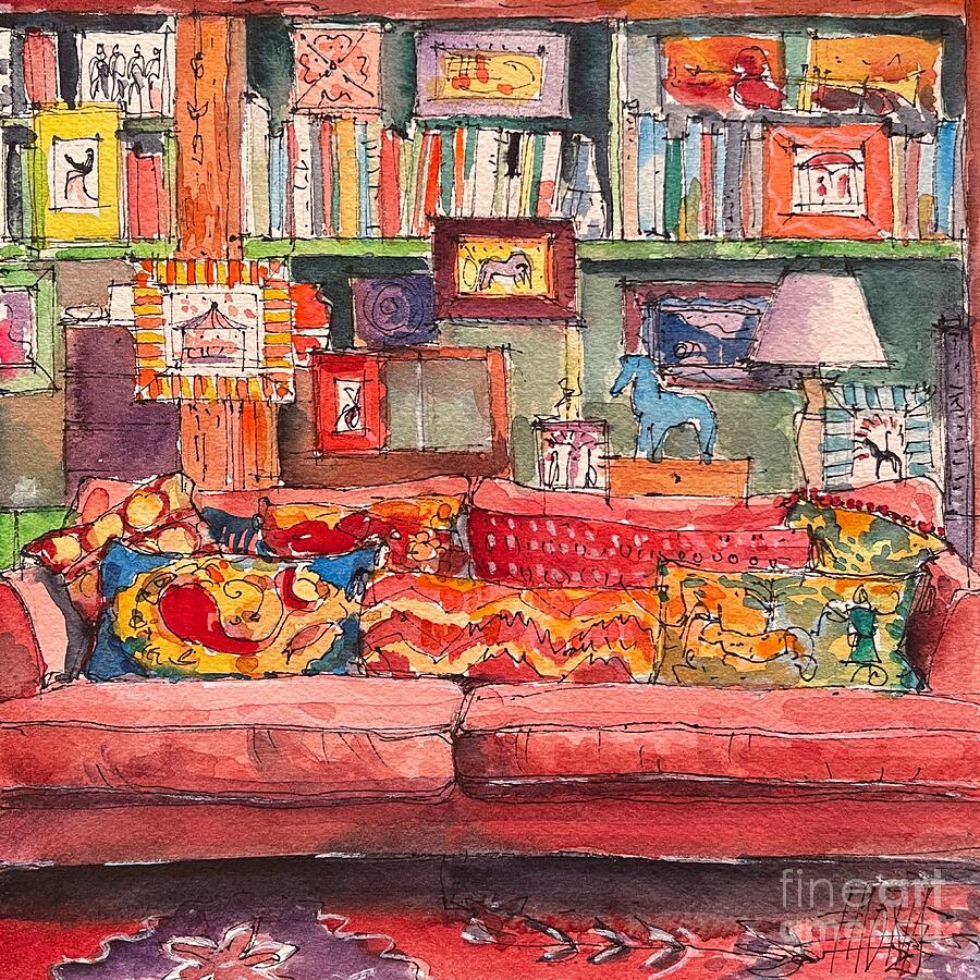 THE RED COUCH - room portrait 137 watercolor painting Mona Edulesco Painting by Mona Edulesco