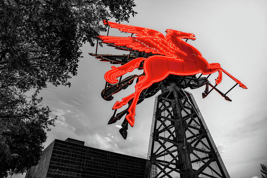 The Red Flying Pegasus Of Dallas Texas - Selective Color Photograph by Gregory Ballos