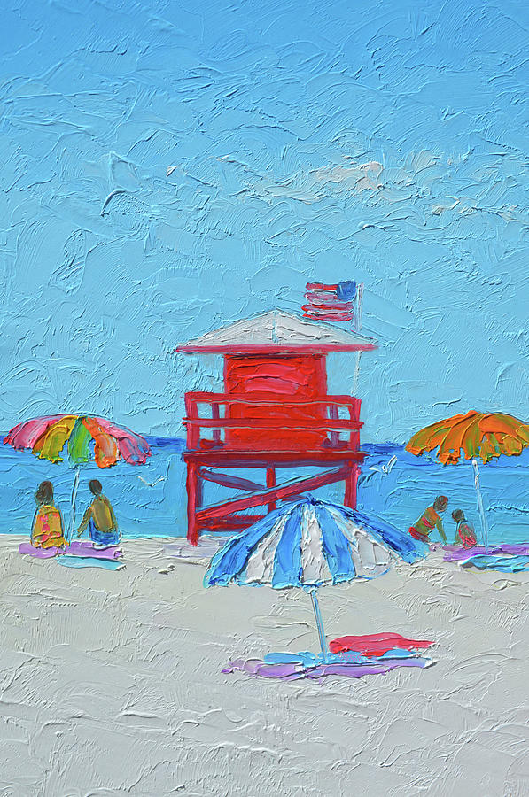The Red Lifeguard Hut and American Flag Painting by Jan Matson