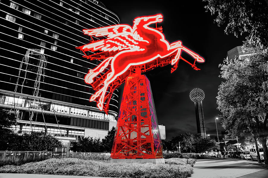 The Red Pegasus In Downtown Dallas And Reunion Tower - Selective Color Photograph by Gregory Ballos