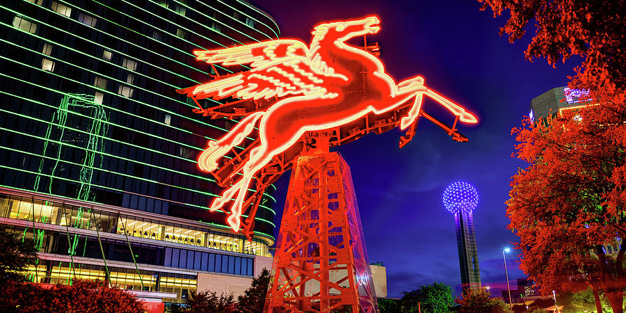 Dallas Skyline Photograph - The Red Pegasus In Downtown Dallas Texas and Reunion Tower Panorama by Gregory Ballos
