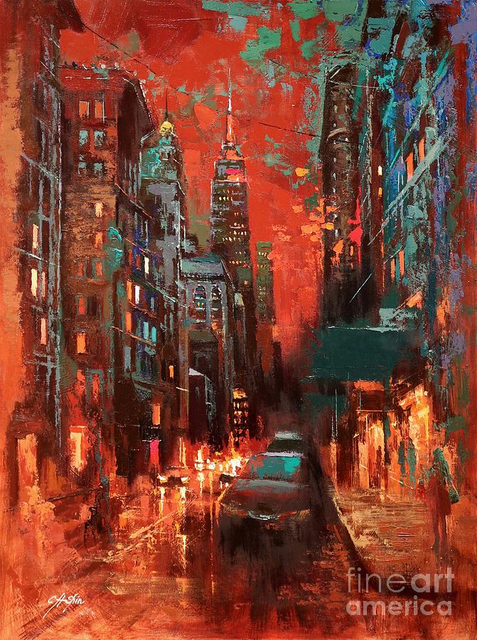 Empire State Building Painting - The Red Sky and the Myth of New York by Chin H Shin