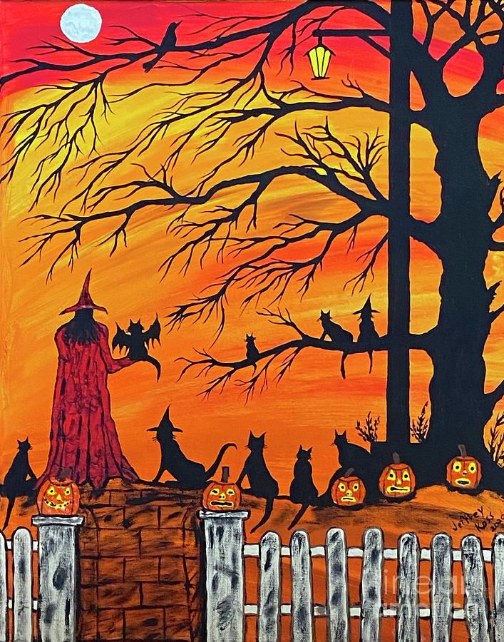  The Red Witch and The Bat Cat On Halloween Night. Painting by Jeffrey Koss