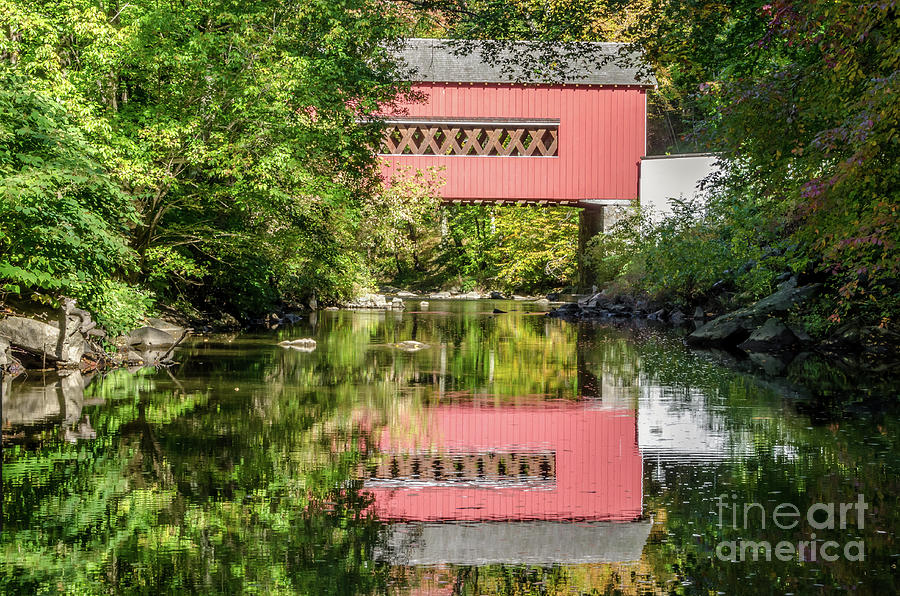 The Reflection of Wooddale Covered Bridge Rural Landscape Photograph Digital Art by PIPA Fine Art - Simply Solid