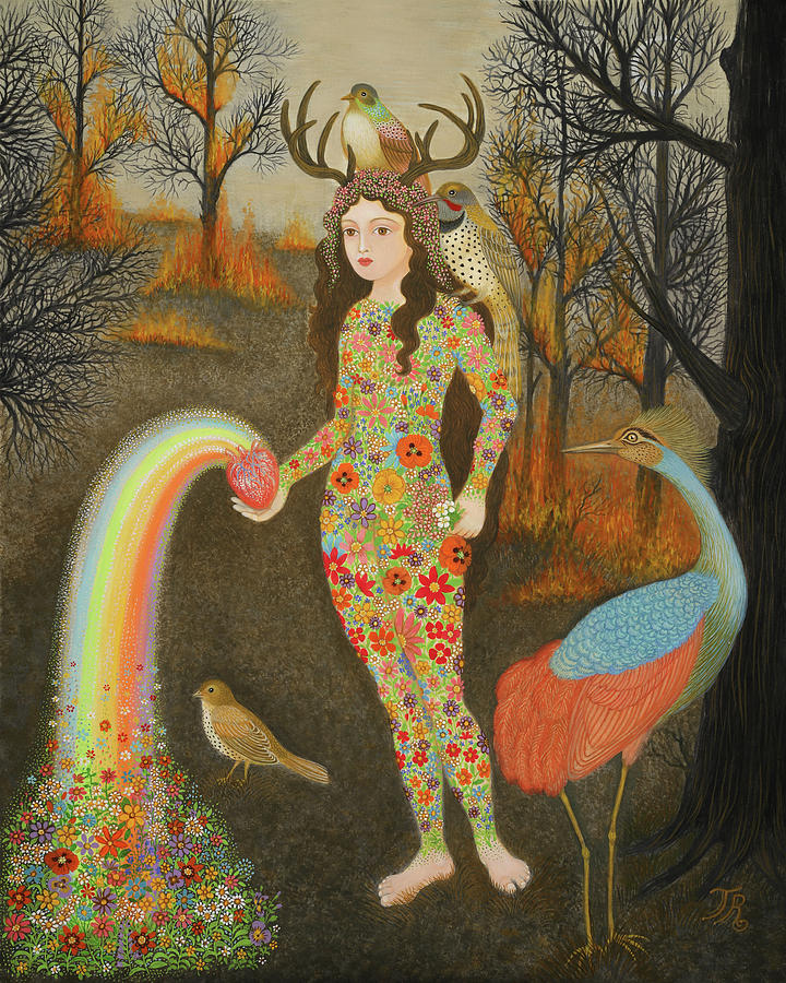 Bird Painting - The Return of the Goddess the forest healer by Tino Rodriguez