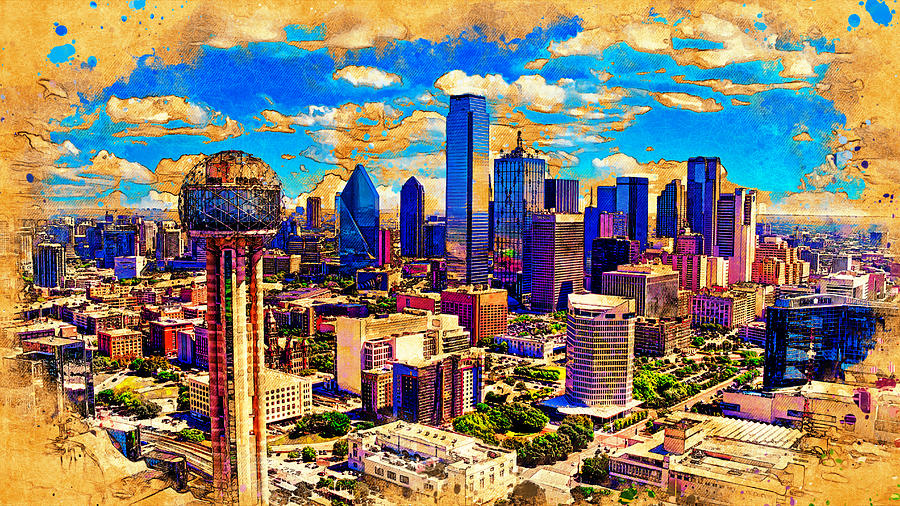The Reunion Tower and downtown Dallas skyline - digital painting Digital Art by Nicko Prints