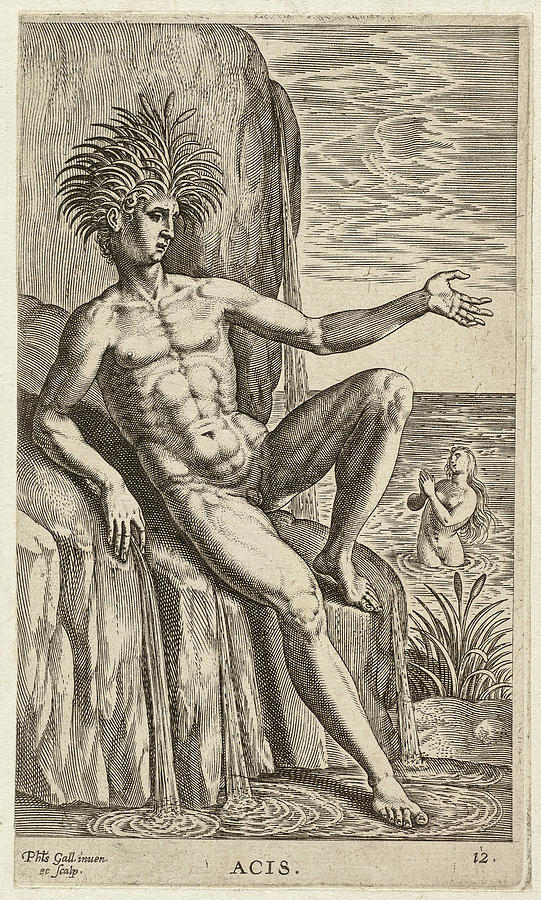 The river god Acis Acireale, seated on a stone. In the background his beloved, the nymph Galatea Drawing by Philip Galle