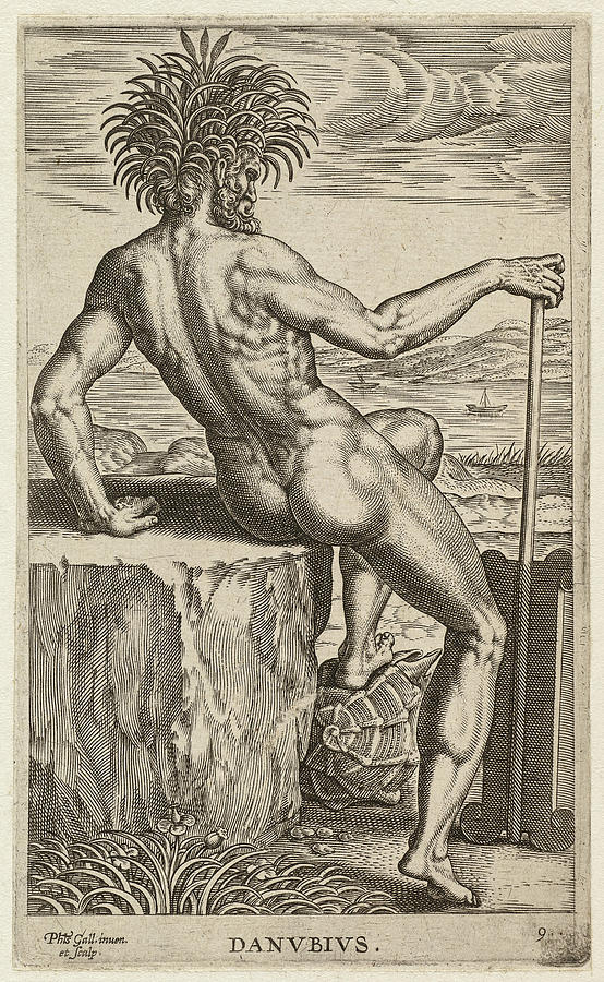The river god Danubius of the river Danube, seated on a stone Drawing by Philip Galle