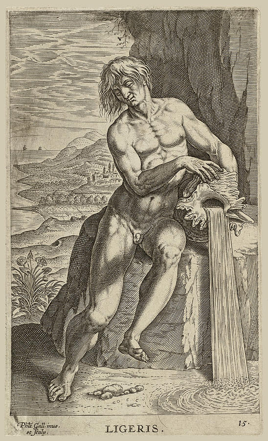 The river god Ligeris of the Loire, seated on a stone block. A shell in his hand Drawing by Philip Galle