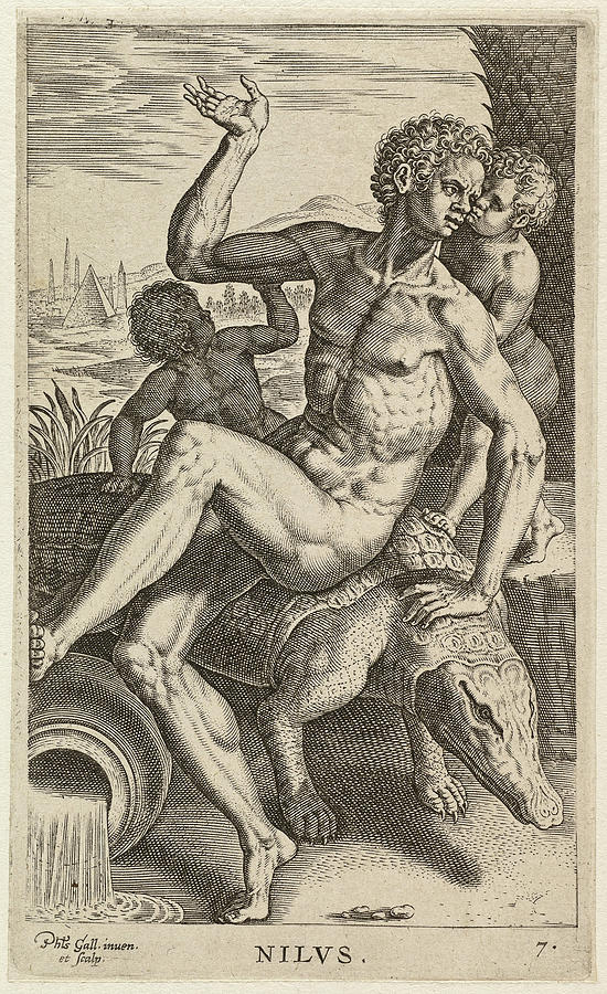 The river god Nilus, seated on a crocodile Drawing by Philip Galle