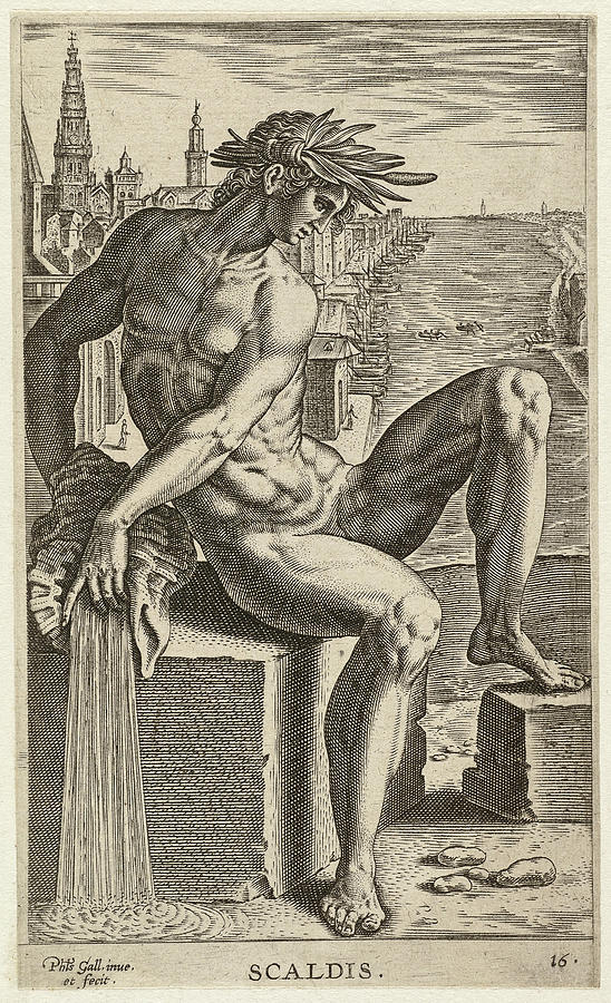 The river god Scaldis ofthe Scheldt, seated on a stone block. A shell in his hand Drawing by Philip Galle