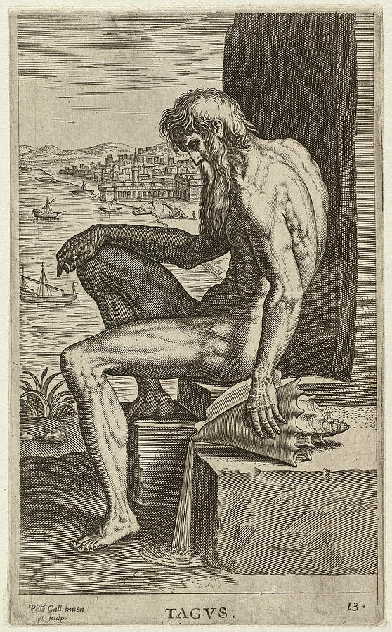The river god Tagus seated on a stone. A shell in his hand Drawing by Philip Galle