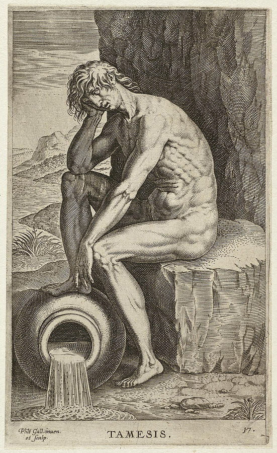 The river god Tamesis of the Thames, seated on a stone block Drawing by Philip Galle