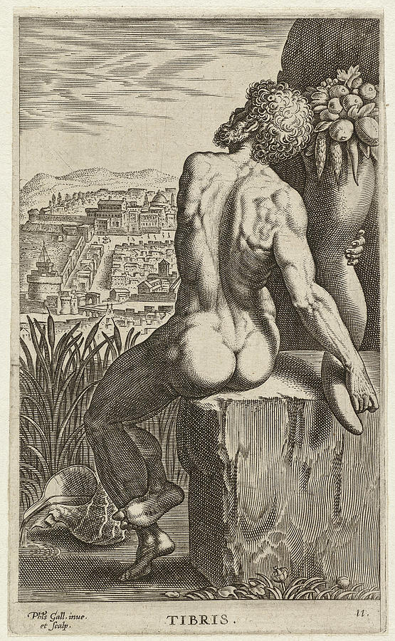 The river god Tibris of the Tiber seated on a stone block. A cornucopia in his hands  Drawing by Philip Galle