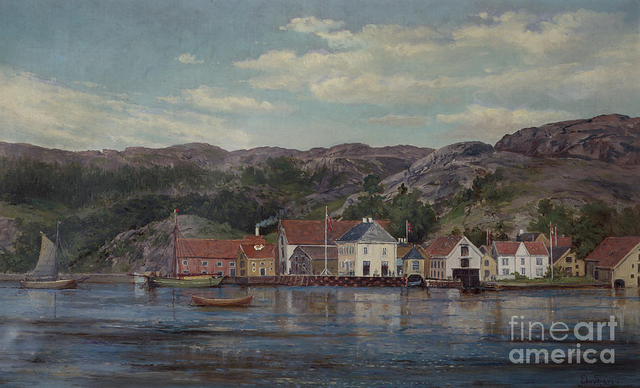 The river in Flekkefjord, 1880 Painting by O Vaering by Edvard Skari