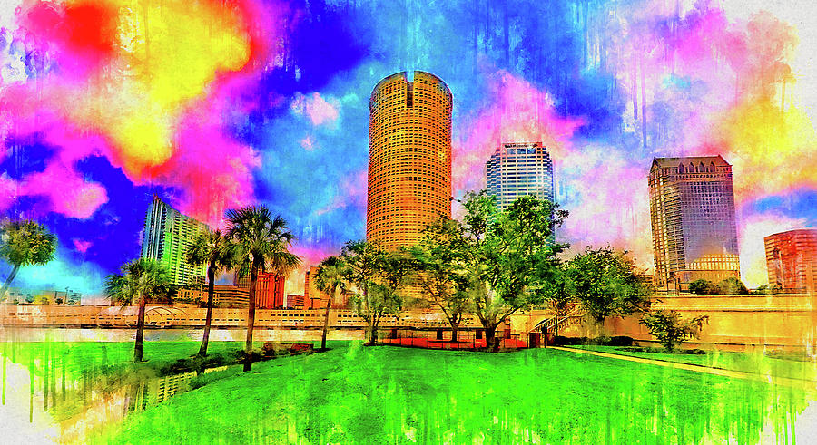 The Rivergate Tower seen from the Plant Park in Tampa at sunrise - watercolor ink Digital Art by Nicko Prints