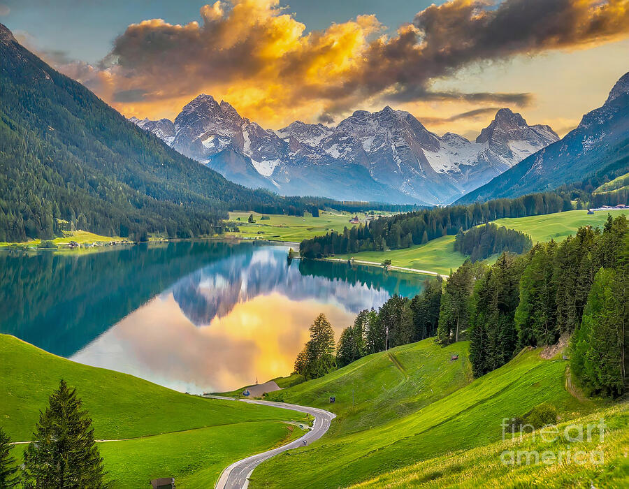 Mountain Digital Art - Road to a calm lake with mountains in the background by Viktor Birkus