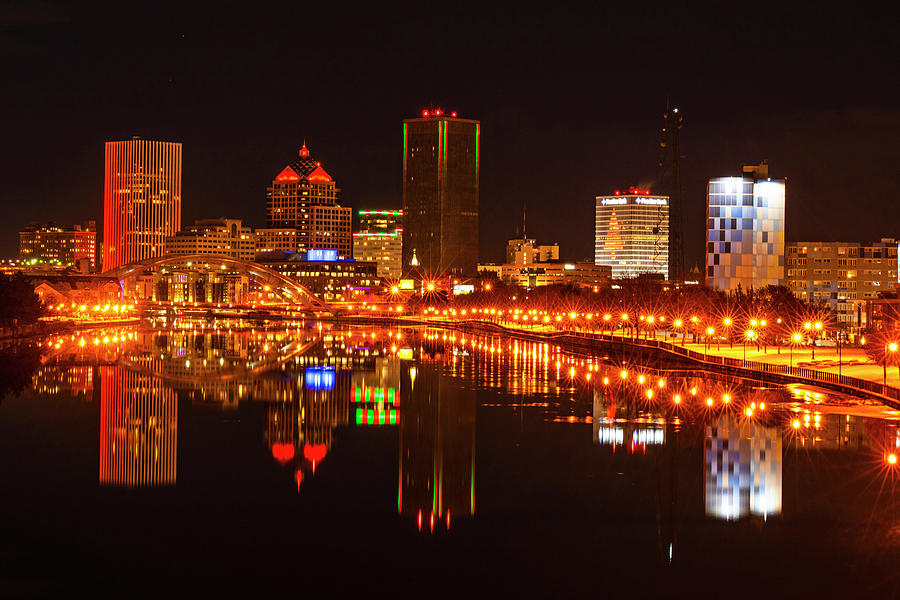 The Rochester Skyline Lit up For Christmas Genesee River Reflection Snowy Path Photograph by Toby McGuire