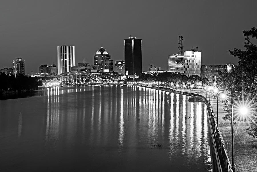 The Rochester Skyline reflecting the the Genesee River Rochester NY Black and White Photograph by Toby McGuire