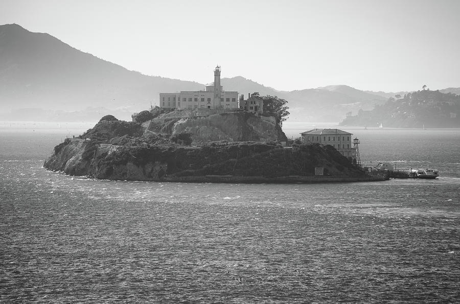 Portrait of The Rock Alcatraz Island in San Francisco Bay Noir Black and White Photograph by Shawn OBrien