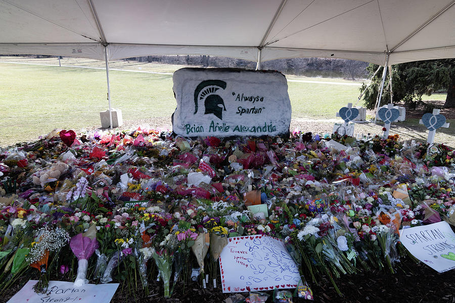 The Rock at Michigan State University with flowers in memory of the 2023 mass shooting victims Photograph by Eldon McGraw