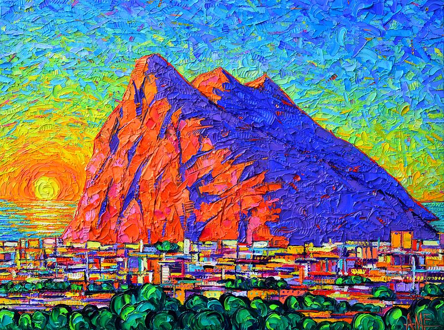 City Painting - ROCK OF GIBRALTAR SUNRISE commissioned textured impasto palette knife painting Ana Maria Edulescu by Ana Maria Edulescu